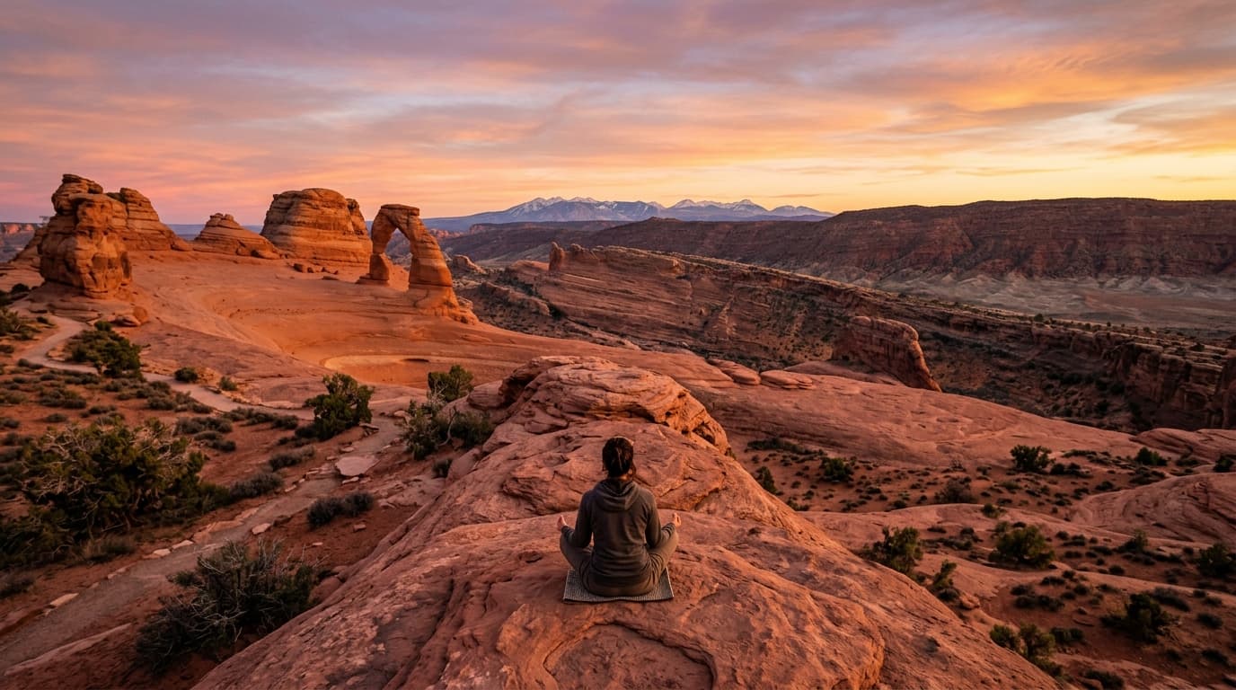 Person meditating in the red sandstone desert of Utah at golden hour